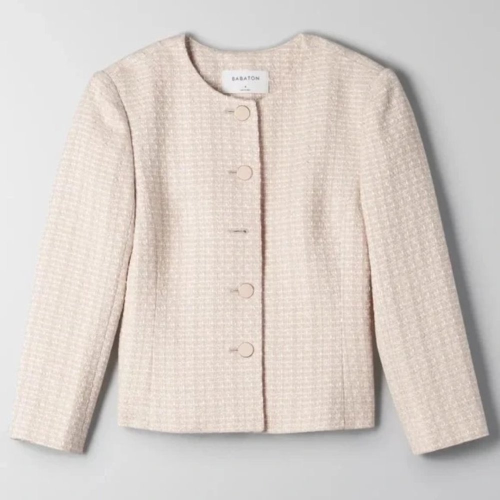 Aritzia Cream Tweed Collarless Button Jacket